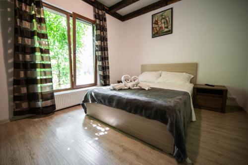 布泽乌Casa Arcadia Buzau Monteoru的一间卧室设有一张床和一个大窗户
