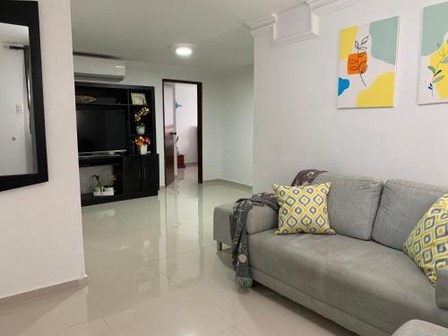 巴兰基亚Habitación en apartamento compartido al frente del cc Unico的带沙发和电视的客厅