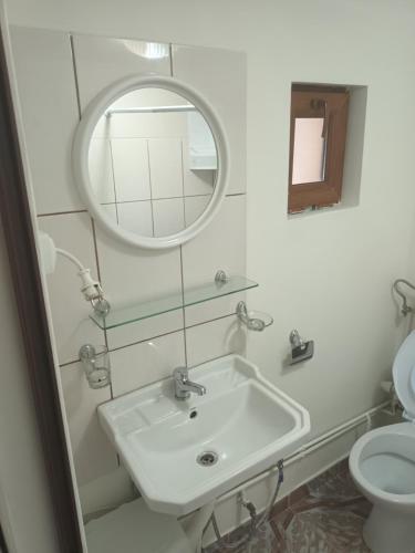 普洛耶什蒂Camera con bagno的一间带水槽、镜子和卫生间的浴室