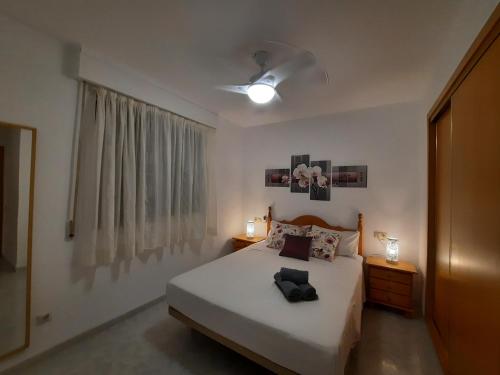 阿尔考斯布里Alcossebre RESIDENCIAL ALANDALUS 5002的一间卧室配有一张床、两盏灯和一个窗户。