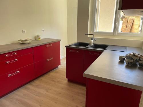 佩里格Maison 5 chambres 3sdb en ville avec piscine的一间带红色橱柜和水槽的厨房