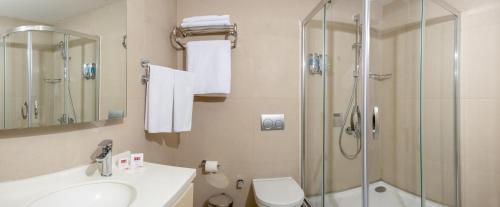 伊斯坦布尔Elm Suite Hotel的带淋浴、盥洗盆和卫生间的浴室