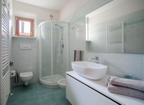 托尔博莱Villetta al lago的白色的浴室设有水槽和淋浴。