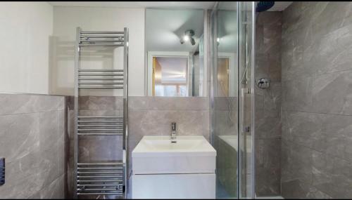 MaryhillStylish Ensuite in Maryhill的一间带水槽、淋浴和镜子的浴室