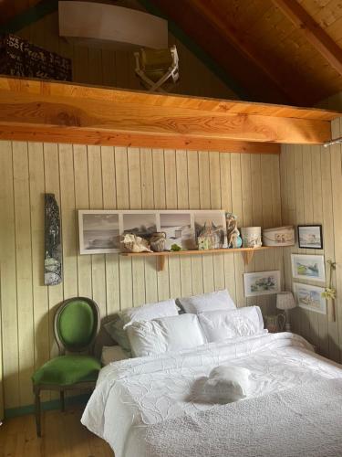 安德诺莱斯贝恩La Cabane的一间卧室配有一张床和一把绿色椅子