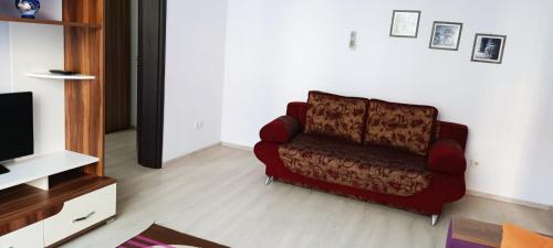 利沃夫2х кімнатна квартира у Львові поряд з залізничним вокзалом的客厅配有红色沙发和电视