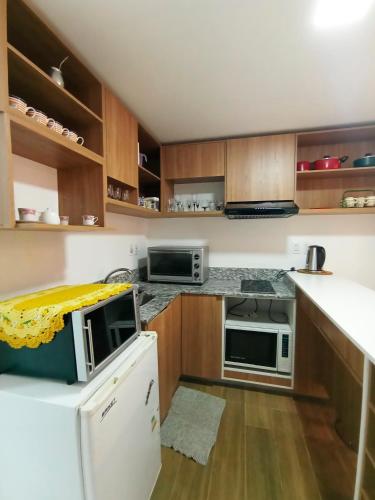 亚松森Hermoso Monoambriente ZV308, Edificio Zetta Village Airport的厨房配有木制橱柜和白色冰箱。