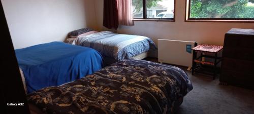 陶朗加City Bungalow的客房设有两张床、一张桌子和一扇窗户。