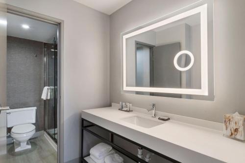 休斯顿北休斯敦万豪酒店的一间带水槽、镜子和卫生间的浴室