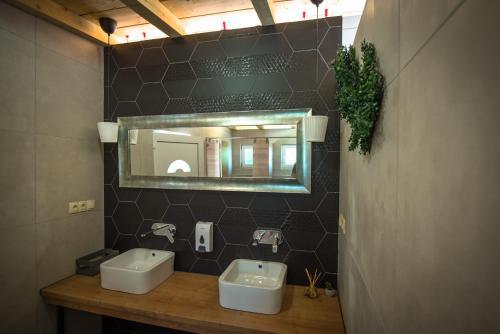 伊莫茨基Rock Oak Camping的浴室设有两个盥洗盆和墙上的镜子