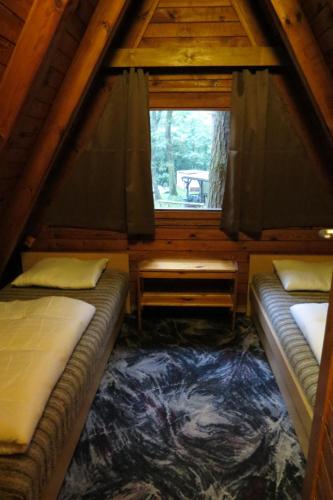 谢拉库夫Nowa Holandia的一间设有两张床的房间和一个位于小屋的窗户