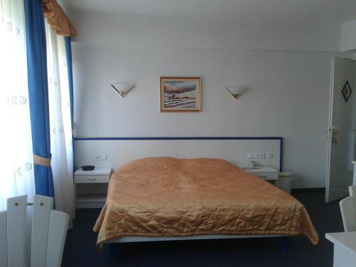 布莱德博亚娜镇酒店的一间卧室配有一张带棕色毯子的床