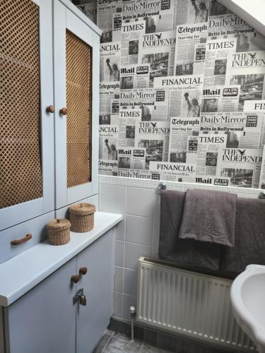沃特福德Faithlegg Hotel Lodge的一间带水槽和报纸墙的浴室