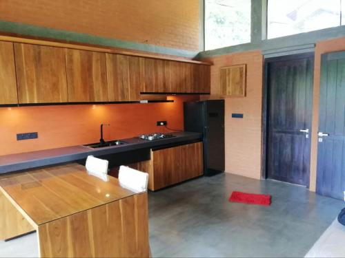 乌纳瓦图纳Avera Hills Villas Unawatuna的厨房配有木制橱柜和红色地毯。