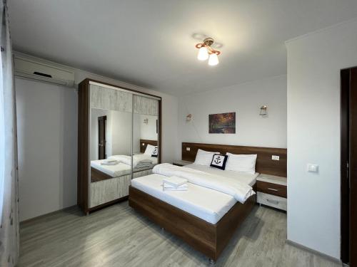 茹里洛夫卡Casa Lebăda的一间卧室设有两张床和大镜子