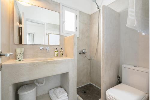 米科利维亚Diamantis Studios&Apartments的一间带水槽、卫生间和镜子的浴室