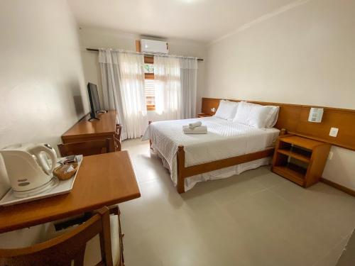 卡内拉Pousada Villa Verde的酒店客房配有一张床、一张书桌和一台电视。