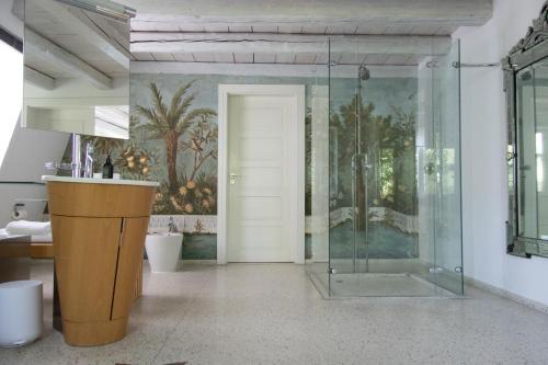 里德林根villaflora Gästehaus的带淋浴的浴室和玻璃门