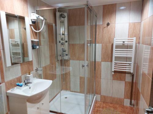 内霍瓦蒙大拿旅游酒店的带淋浴和盥洗盆的浴室