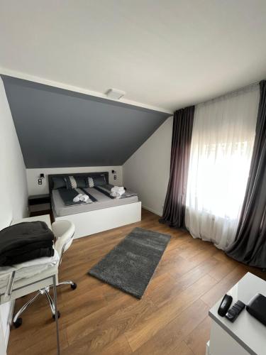 萨拉热窝Villa Luca Free Garage Parking的一间卧室配有一张床、一张书桌和一个窗户。