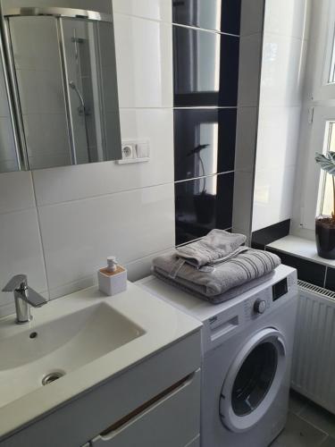 比得哥什Kamienica Nowodworska 30的一间带洗衣机和水槽的浴室