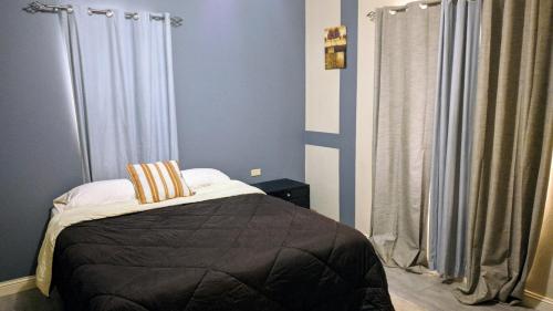 La PastoraSanta Cruz Chilling Vibes的一间卧室配有一张带蓝色墙壁和窗帘的床
