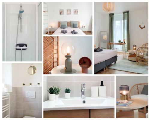 雷恩La Suite N°05 par Madame Conciergerie的卧室和浴室照片的拼合