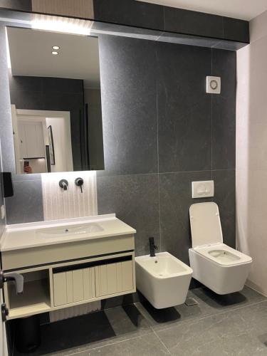 维利波吉Olivea Apartments的一间带水槽、卫生间和镜子的浴室