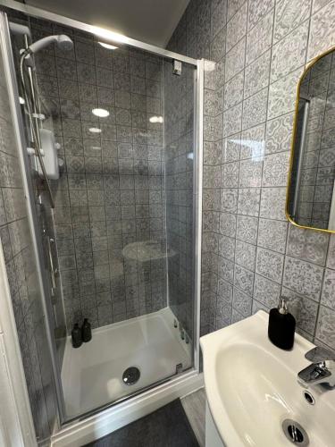布里斯托DVMescape flat1的带淋浴和盥洗盆的浴室