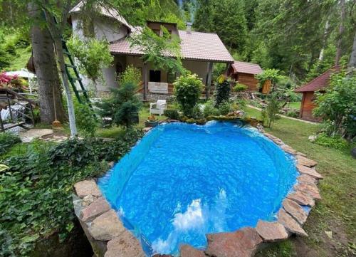 RožajeWeekend house Grahovača的一座房子的院子中的一个大型蓝色游泳池