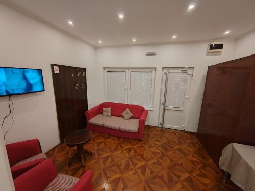 贝尔格莱德MAGENTA Apartments的客厅配有红色沙发和电视