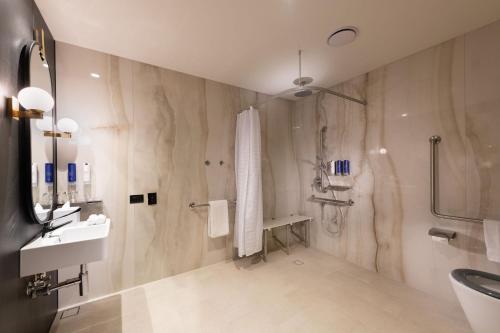 墨尔本Dorsett Melbourne的一间带水槽和淋浴的浴室