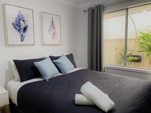 埃斯佩兰斯Blue Tides Accommodation的一间卧室配有一张带蓝色和白色枕头的床