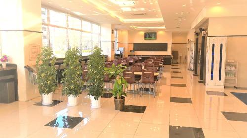 埼玉市浦和美园站东横 INN(Toyoko Inn Urawa Misono Eki Higashi Guchi)的楼内一间设有桌子和盆栽的会议室