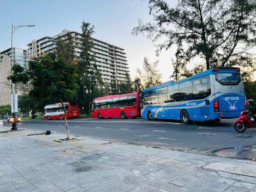 岘港MyMy Motel的三条巴士停在城市街道上