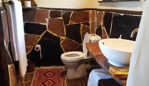 MwatateSoroi Leopards Lair的石质浴室设有卫生间和水槽