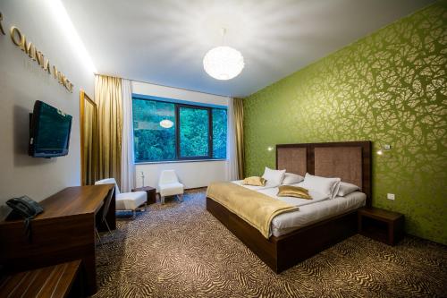 里姆斯克·托普利采Rimske Terme Resort - Hotel Rimski dvor的酒店客房配有一张床、一张书桌和一台电视。