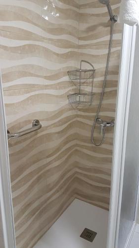 波多诺伏旁塔斯姆酒店的带淋浴的浴室和木墙