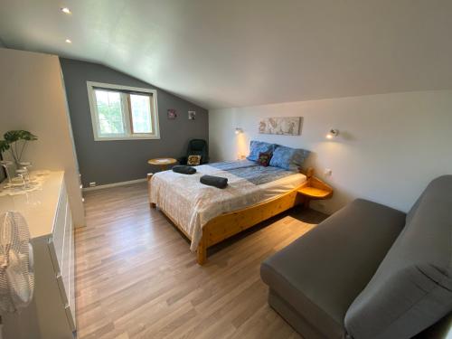 勒罗斯Leilighet Sølendet, i Brekken ved Røros的一间卧室配有一张床和一张沙发