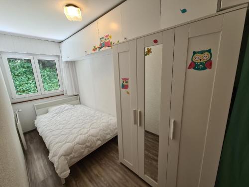 韦松纳Remointze COSY & CENTER apartments by Alpvision Résidences的一间带一张床和橱柜的小卧室
