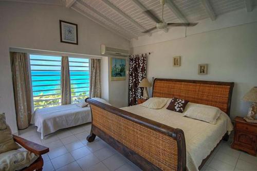 辛普森湾Ocean front villa, pool, private ocean snorkeling的一间卧室设有两张床和大窗户