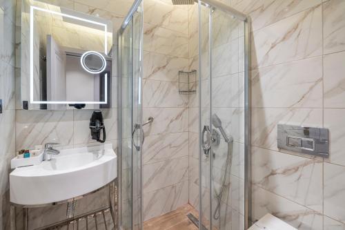 伊斯坦布尔Pera Luna Premium Hotel的一间带水槽和淋浴的浴室