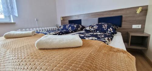 索莱克-特洛伊Pokoje u Agaty的一间卧室配有两张带蓝白色枕头的床