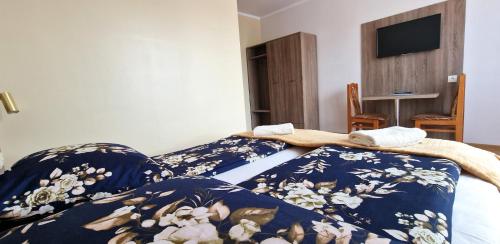 索莱克-特洛伊Pokoje u Agaty的一间卧室配有一张带蓝白色毯子的床