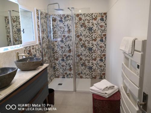 圣洛朗代阿尔布雷圣劳伦酒店的带淋浴、两个盥洗盆和淋浴的浴室。
