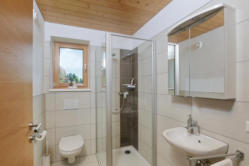 苏尔茨贝格Ferienhof Feurle的带淋浴、盥洗盆和卫生间的浴室