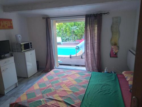 卡斯泰尔诺勒莱Anemones的一间卧室配有一张床,享有游泳池的景色