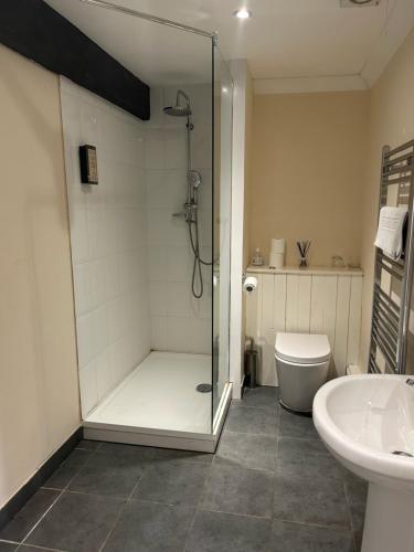 牛津The Highwayman Hotel的带淋浴、卫生间和盥洗盆的浴室