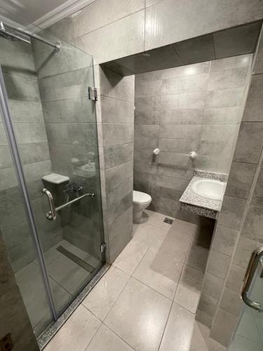 开罗Miramar Evergreen Hotel的带淋浴、卫生间和盥洗盆的浴室