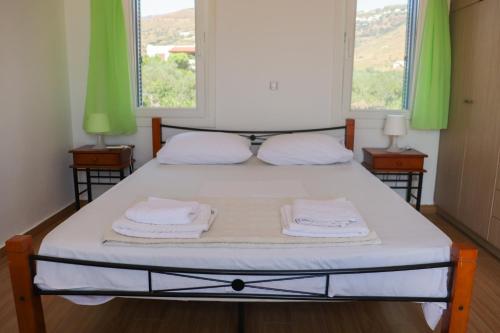 圣彼得罗斯Ateni House的一间卧室配有一张床,上面有两条毛巾